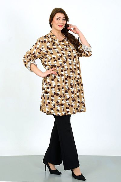 By Alba Collection Women's Tan Patterned Cotton Viscose Large Size Tunic