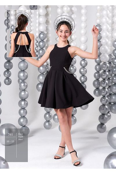 Erkut Girl's Crepe Fabric Black Color Short Evening Dress