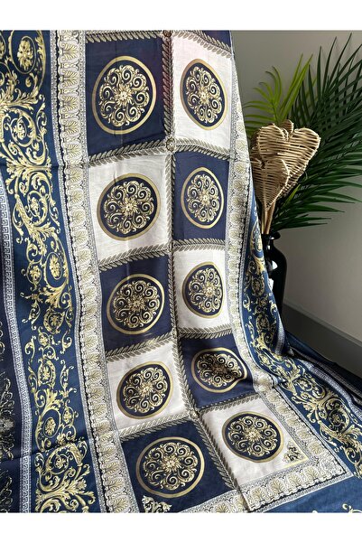 VaVscarfs شال حرير قطني بنمط فيرسا باللون الأزرق الداكن والبيج