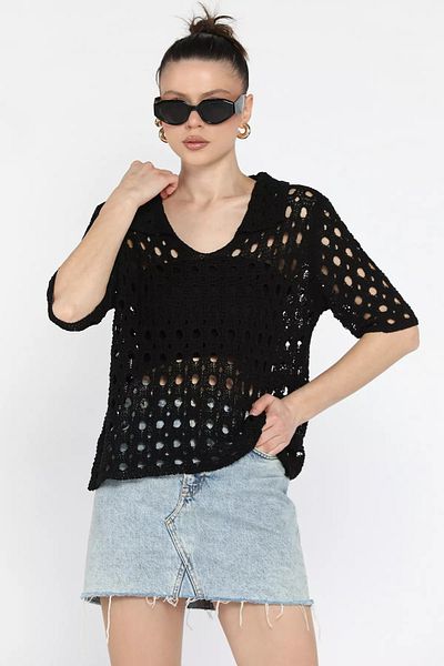 GÜLSELİ Black Women's Polo Neck Openwork Seasonal Knitwear Blouse