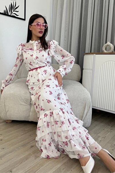 lodmela Floral Pattern Blouse and Skirt Double Suit 4707-White/Fuchsia