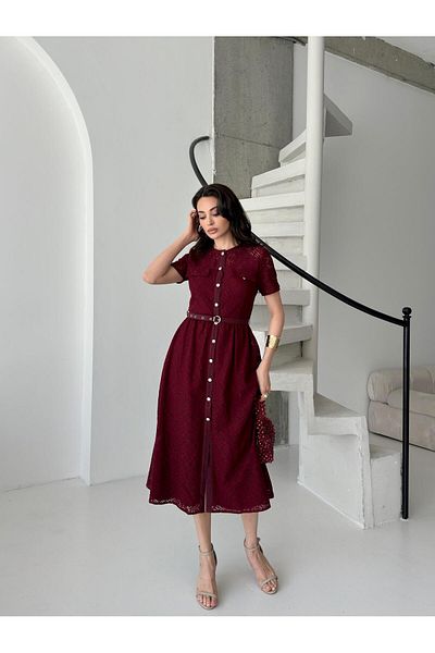Serica Moda Burgundy Stone Buttoned Belted Midi Lace Dress
