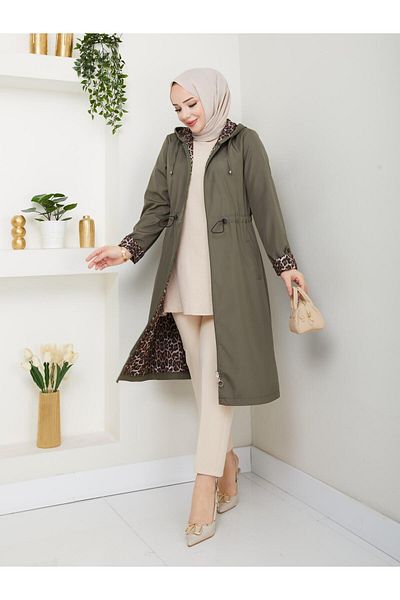 Dabenti women style Women's Plus Size Leopard Detailed Trench Coat