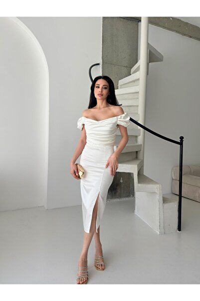 Serica Moda Λευκό Midi βραδινό φόρεμα με ντραπέ εκτός ώμου