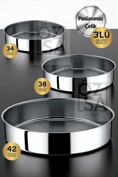 ÖzSa Home Olca Grand Set 3 Piece Stainless Steel Round Baking Tray Fireproof Non-Stick Oven Tray