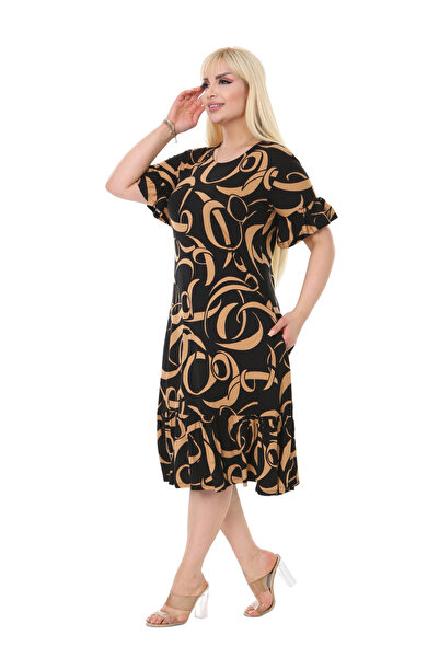 MELSAY Women's Plus Size Short Sleeve Skirt Ruffled Mink Wave Pattern Midi Dress