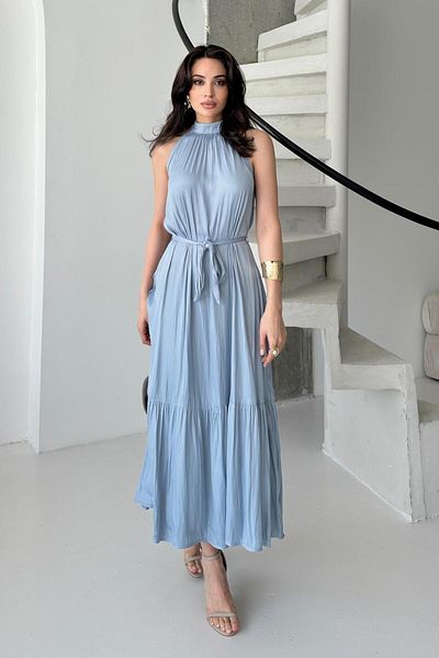 Serica Moda Blue Halter Neck Satin Dress with Lacing Detail