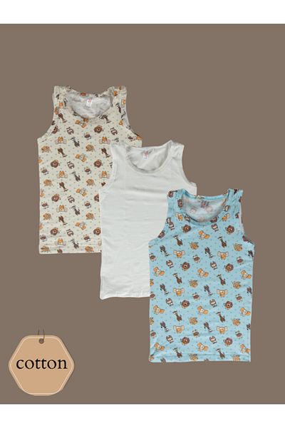 elmas kids Boy's 95% Cotton Striped Dinosaur Patterned 3-Piece Tank Top