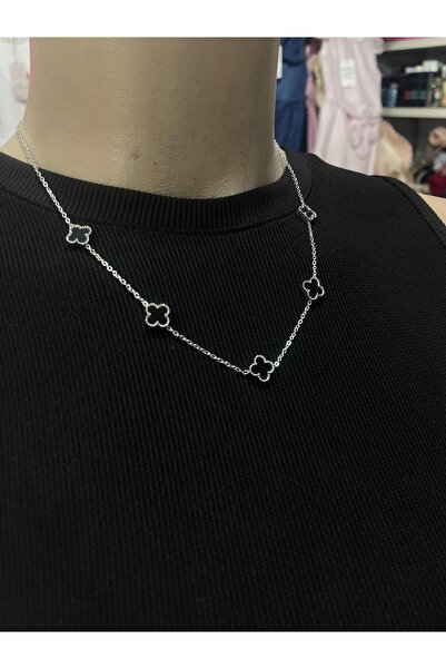 Tasarım Gri Yonca Kararmaz Çelik Kadın Kolye