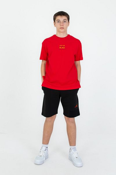 Black One Print Detailed Double Pocket Shorts Summer Crew Neck Boy's Bottom Top Set