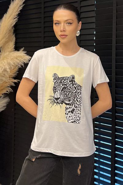GÜLSELİ Tricou alb pentru femei cu decolteu rotund cu imprimeu Stone