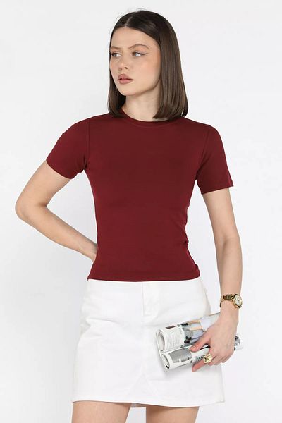 GÜLSELİ Γυναικεία μπλούζα με λαιμόκοψη μπορντό Lycra Modal Fabric Crop Top