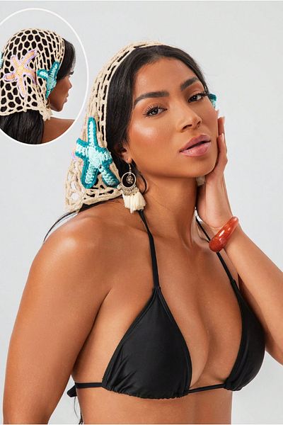 pistore Starfish Lace Bandana Πλεκτό Χειροποίητο Ύφασμα Μπεζ Χρώμα