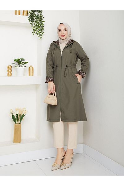 Dabenti women style Women's Plus Size Leopard Detailed Trench Coat