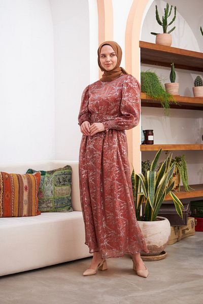 Nissra Ankanoor Balloon Sleeve Glittery Chiffon Dress Anka 251518