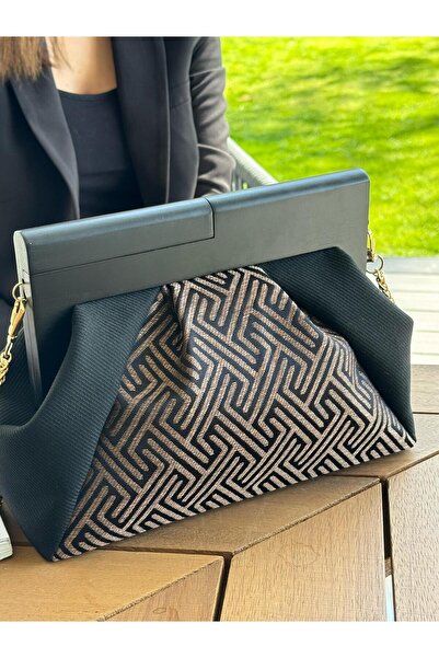 JOPHIEL Patchwork, Zincirli, Ahşap Burslu Çanta, Clutch, El Çantası, Kol Çantası, Omuz Çantası