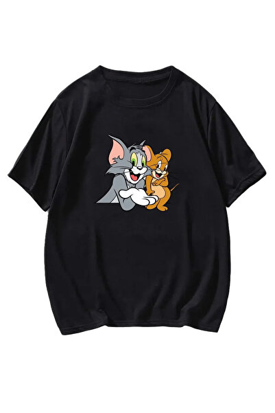 ROYAL FASHİON تيشيرت توم وجيري - أسود، مطبوع، رقبة دائرية، مطبوع، كم قصير، صد...