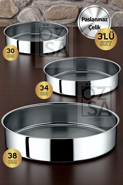 ÖzSa Home Olca Set 3 Piece Stainless Steel Round Baking Tray Fireproof Non-stick Oven Tray