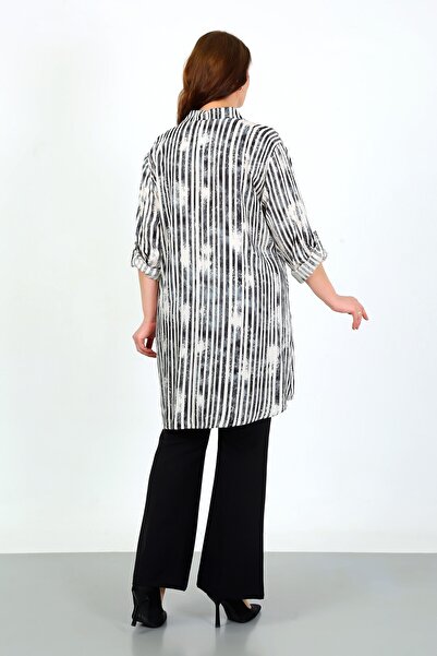 By Alba Collection Women's Gray Striped Cotton Viscose Large Size Tunic