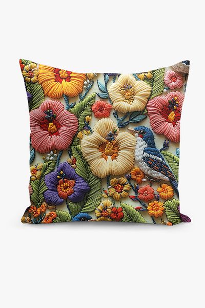 Filamente Double Sided Digital Printing Throw Pillow Cover Embroidery Look Bird Pattern