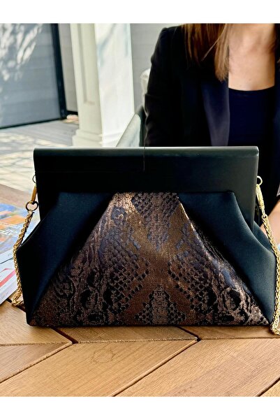 JOPHIEL Patchwork, Zincirli, Ahşap Burslu Çanta, Clutch, El Çantası, Kol Çantası, Omuz Çantası