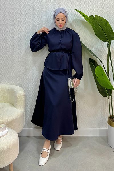 Tesettür Diyarı Women's Crepe Fabric Shirt 2-Piece Set-Navy Blue