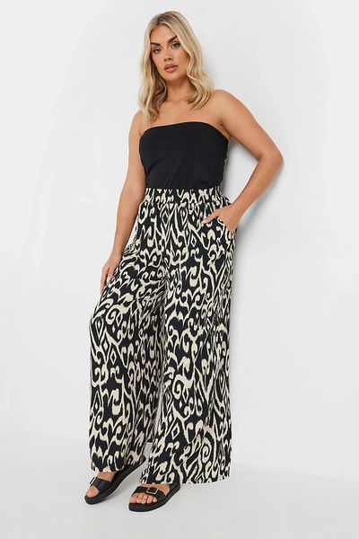 Stil Diva Large Size Elastic Waist Pocket Wide Leg Ankle Length Trousers 303653