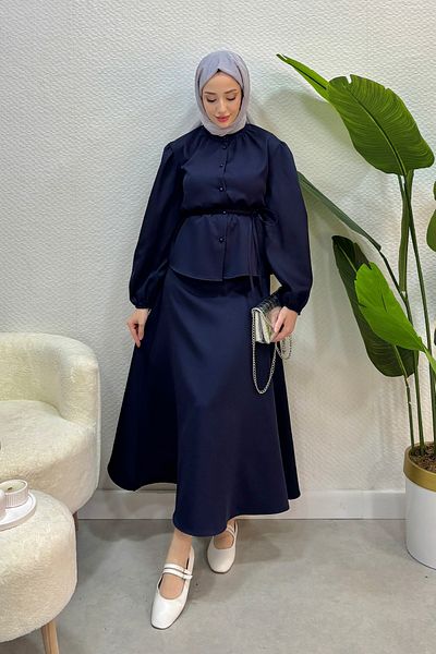 Tesettür Diyarı Women's Crepe Fabric Shirt 2-Piece Set-Navy Blue