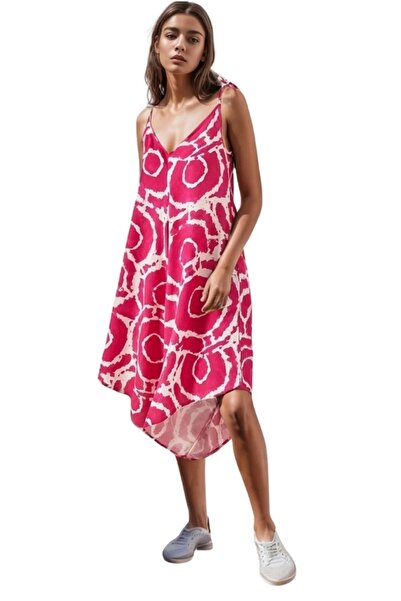 Cassime Women's Patterned Pink Rope Strap Summer Linen Viscose Loose Jumpsuit