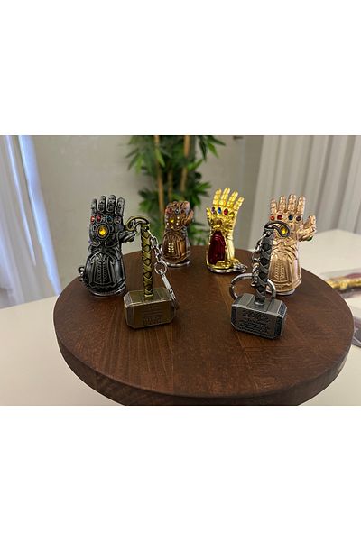 DYA TİCARET Metal 1 Piece Thanos Gloves and 1 Piece Thor Hammer Keychain Set