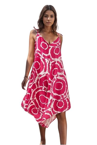 Cassime Women's Patterned Pink Rope Strap Summer Linen Viscose Loose Jumpsuit