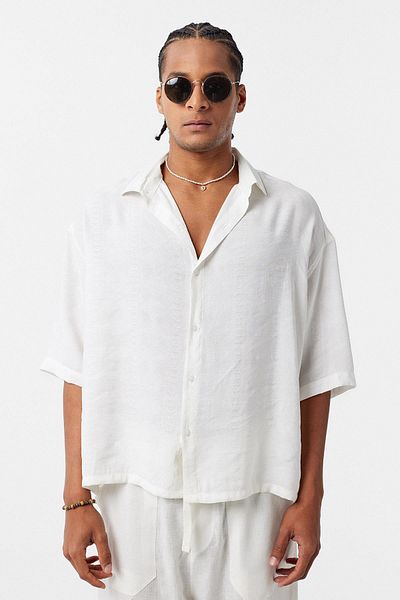 VAMOSCLO Oversize Short Sleeve Linen Shirt Ecru