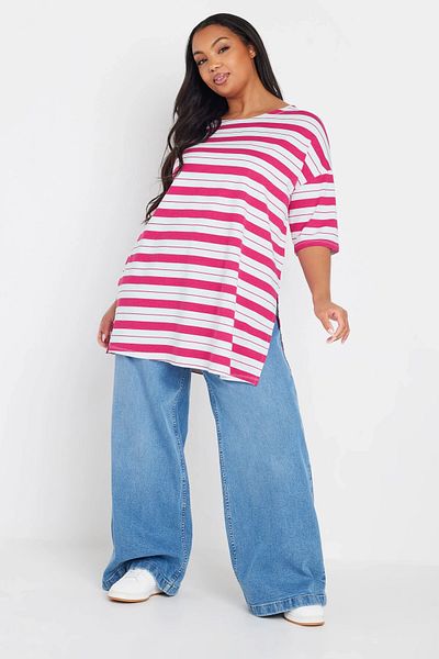 Stil Diva Large Size Crew Neck Short Sleeve Striped T-Shirt with Side Slits 303945