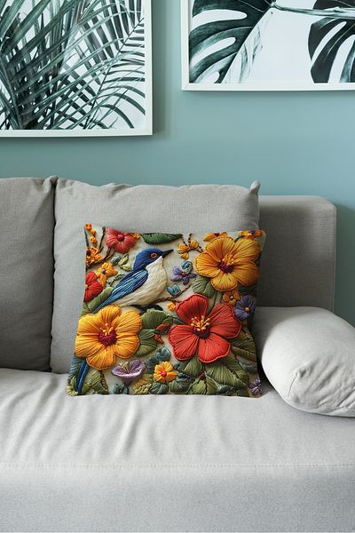 Filamente Double Sided Digital Printing Throw Pillow Cover Embroidery Look Bird Pattern