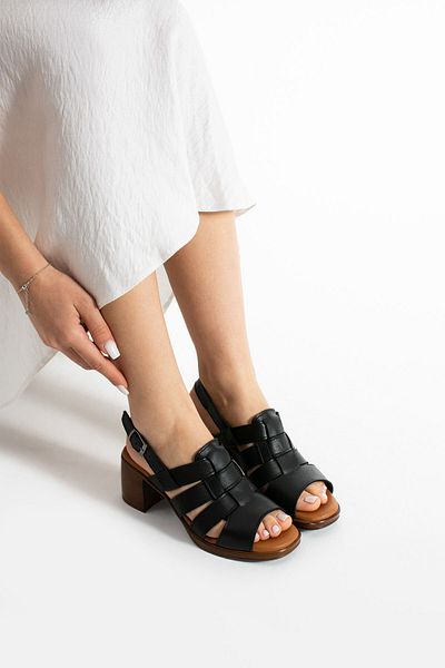 Getcho Stone Women's Heeled Black Sandals Ankle Strap Block Heel Genuine Leather Summer Casual Stylish Model