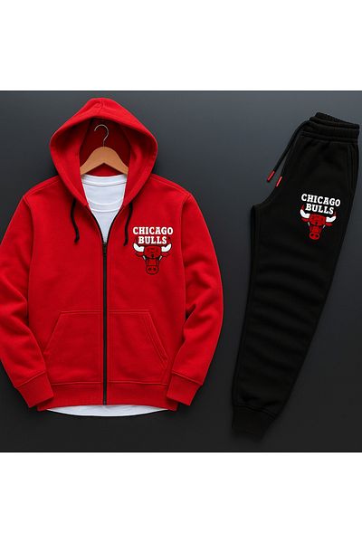 NEW TRENDY COLLECTİON Bulls Chicago Printed Zippered Cotton Jacket - Sweatpants Set of 2