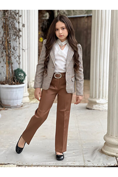 ugurbocegicocukdunyası UĞURBÖCEĞİÇOCUK Καρό μπουφάν με επένδυση, πουκάμισο με καρό, παντελόνι, ζώνη, σετ 4 τεμαχίων για κορίτσια