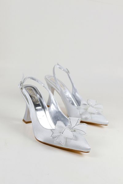 NiceDiffer Stone Ribbon Bow Satin Women's Evening Dress Heeled Shoes