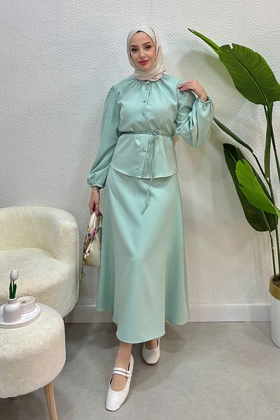 Tesettür Diyarı Women's Crepe Fabric Shirt 2 Piece Set-Turquoise