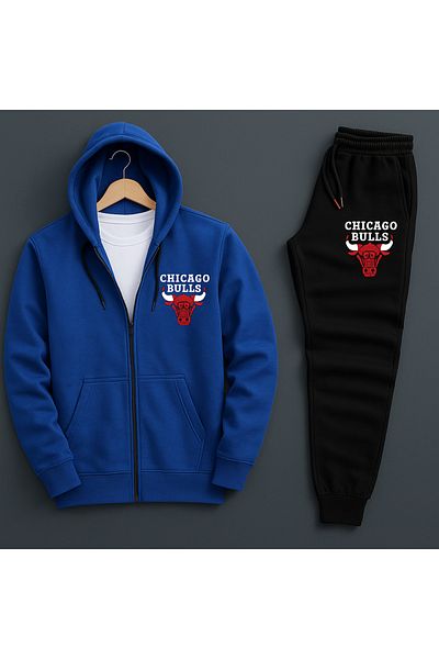 NEW TRENDY COLLECTİON BULLS Printed Zippered Cotton Jacket - Sweatpants 2 Piece Set