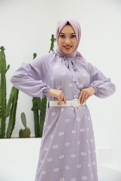 Nissra Ankanoor Gingham Raglan Sleeve Embroidered Dress Anka 251406