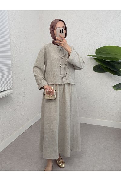 Modamorfo Stone and Ribbon Detailed Skirted Linen Suit - Stone