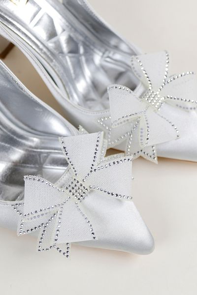 NiceDiffer Stone Ribbon Bow Satin Women's Evening Dress Heeled Shoes