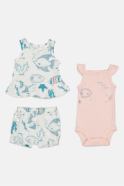 Carter's Toddlers Girl 3 Piece Graphic Top And Short Set, White/Blue/Pink