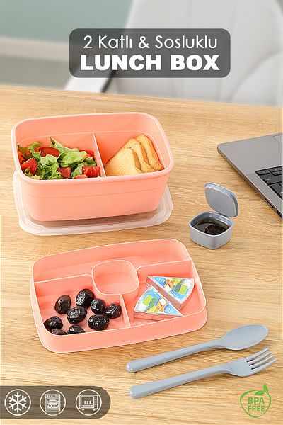 Meleni Home 2 Layer Divided Lunch Box - Food Transport Storage Container Diet Lunch Box Sauce Bowl Spoon Fork Pink
