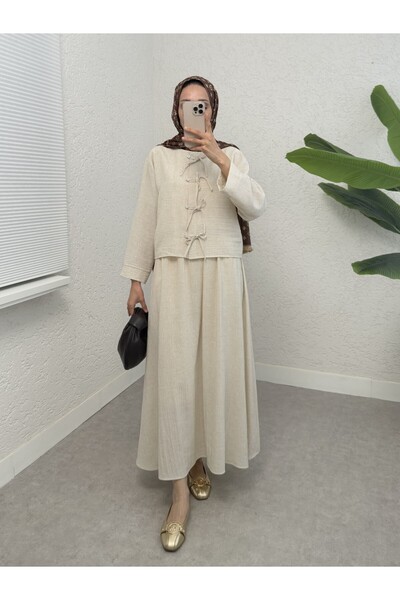 Modamorfo Beige Skirt Linen Set - Stone and Ribbon Details