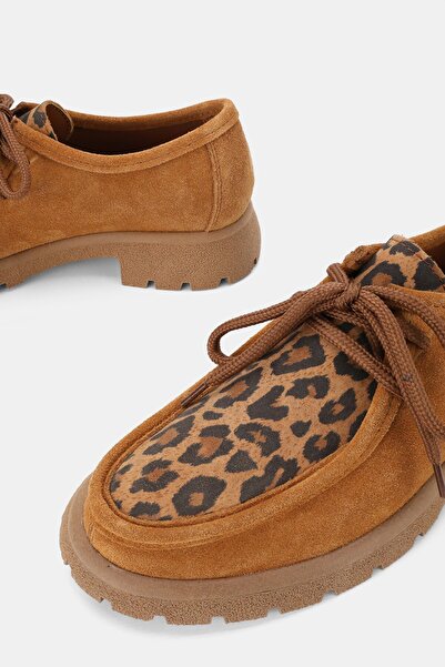 TUNAELLİ Women's Taban Suede Genuine Natural Leather Size 36-41 Leopard Patterned Lace up Shoes