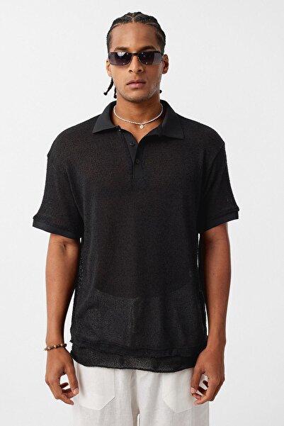 VAMOSCLO Πλεκτό μπλουζάκι με λαιμόκοψη oversized Μαύρο