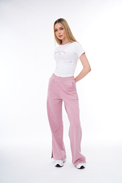 PONÇİK Kadın Nakışlı Crop Eşofman Takımı Önü Baskılı Yırtmaçlı Cepli  24063 Gül Kurusu