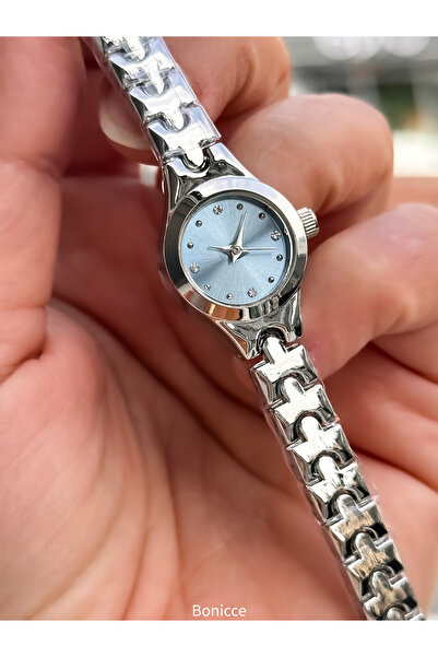 Bonicce Brand Silver Color, Baby Blue Dial, Retro Vintage Minimal Case Women's Wristwatch Gift